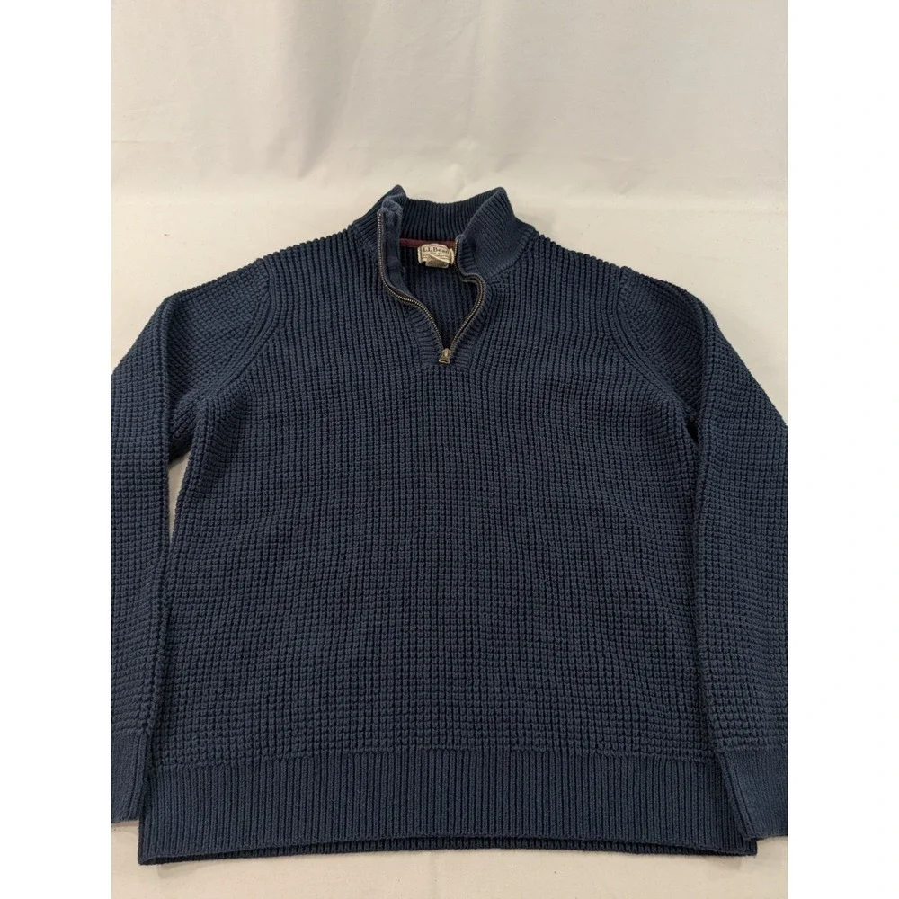 LL Bean Men's Large 100% Organic Cotton Waffle Knit 1/4 Zip Sweater Blue Heavy‎